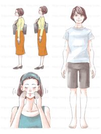 40代女性の美容のイラスト、スキンケア、姿勢、老け見えサイン 化粧品会社様イラスト