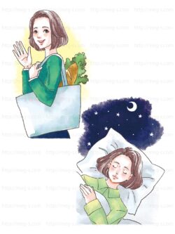 40代女性の美容のイラスト-買い物、睡眠 化粧品会社様会報誌のイラスト